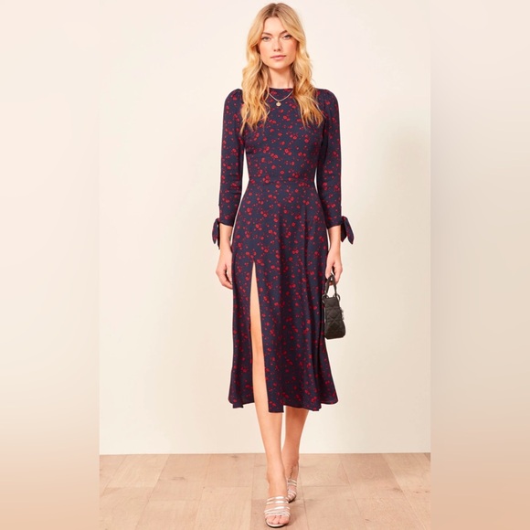 Reformation Dresses & Skirts - Reformation Womens Zelda Floral Midi Dress Sz 0 Poppy Blue Red Slit 3/4 Sleeve